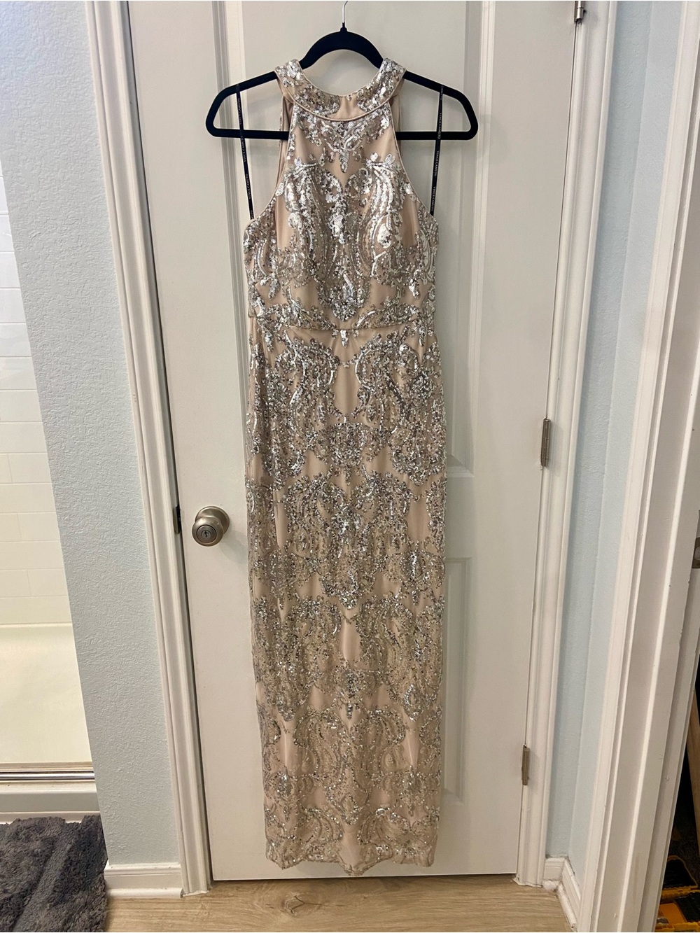 Vince Camuto Champagne-Beige Sequin Halter Maxi Dress